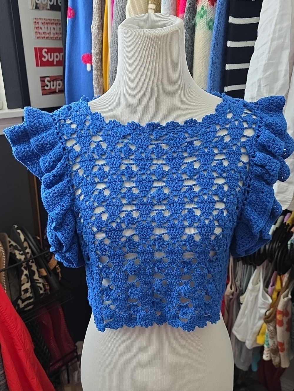 Blue Crochet Ruffle Sleeve Crop Top - Picture 5 of 5